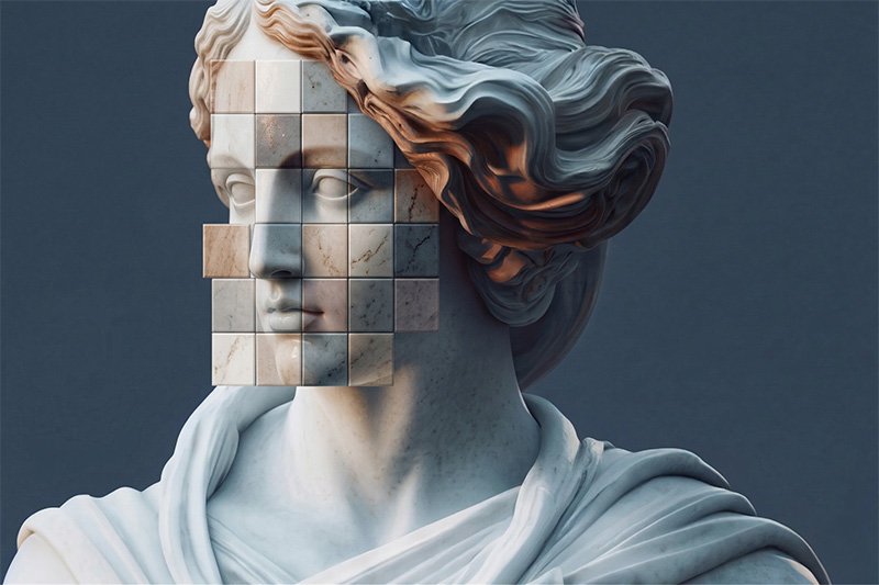 Representación visual de la colaboración entre la creatividad humana y la inteligencia artificial en el desarrollo de arte inmersivo.