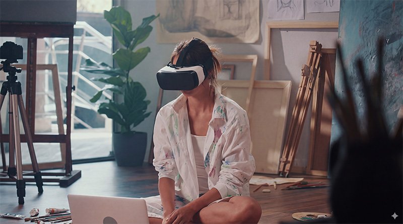 Infografía conceptual sobre la monetización de arte digital y experiencias de realidad virtual mediante patrocinios y licencias.